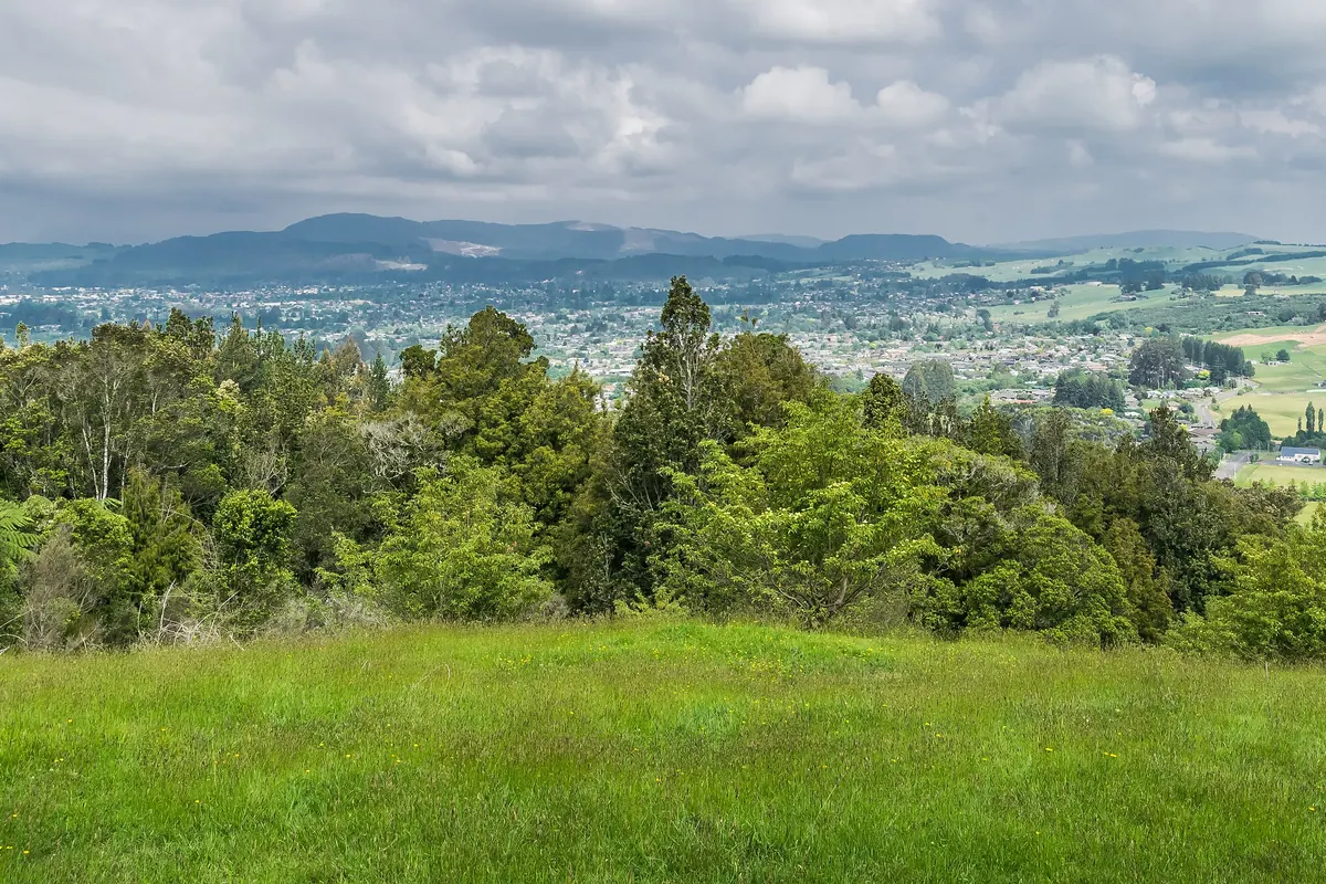 A grassy hillside viewpoint looks over patches of forest and green farmland to low hills under broken cloud